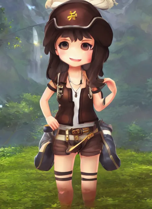 Image similar to female explorer mini cute girl, adoptable, highly detailed, rendered, ray - tracing, cgi animated, 3 d demo reel avatar, style of maple story and aura kingdom, maple story indiana jones, dark skin, cool clothes, soft shade, soft lighting, portrait pose