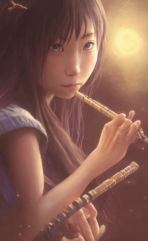 Image similar to a girl from final fantasy live action, renge miyauchi from non non biyori playing a recorder, evocative, mystical night, very very very very detailed, award winning, masterpiece digital painting by greg rutkowski, alex grey, artstation, 4 k wallpaper