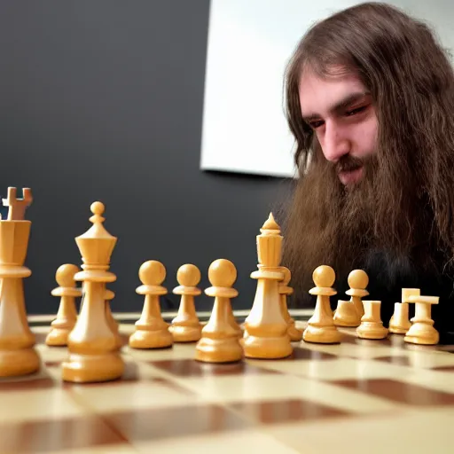 Image similar to A long haired man plays chess with a robot, hyper realistic, HD, HQ, photo realistic