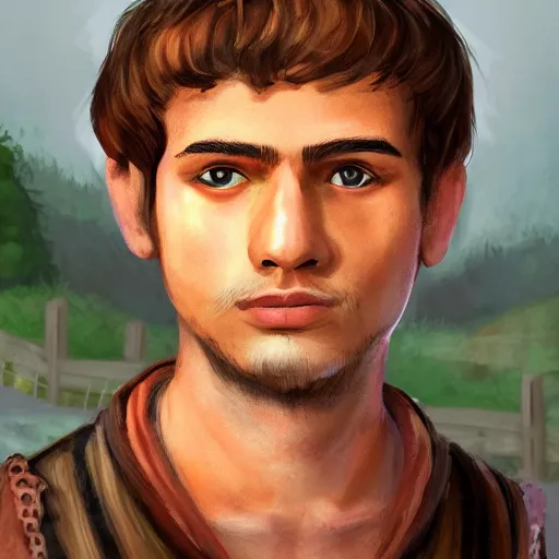 Image similar to video game medieval town villager portrait. Male, 20 years old.