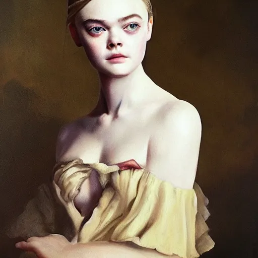 Prompt: ultra realistic medium shot portrait painting of elle fanning in the world of goya, art by frank frazetta, 4 k, ultra realistic, matte painting, hard edges, highly detailed, epic lighting