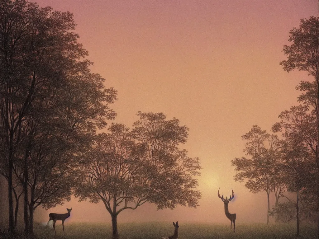 Prompt: young deer on a lawn of a suburban house, at eerie dusk, soft pink surreal light, by quint buchholz and by dean ellis