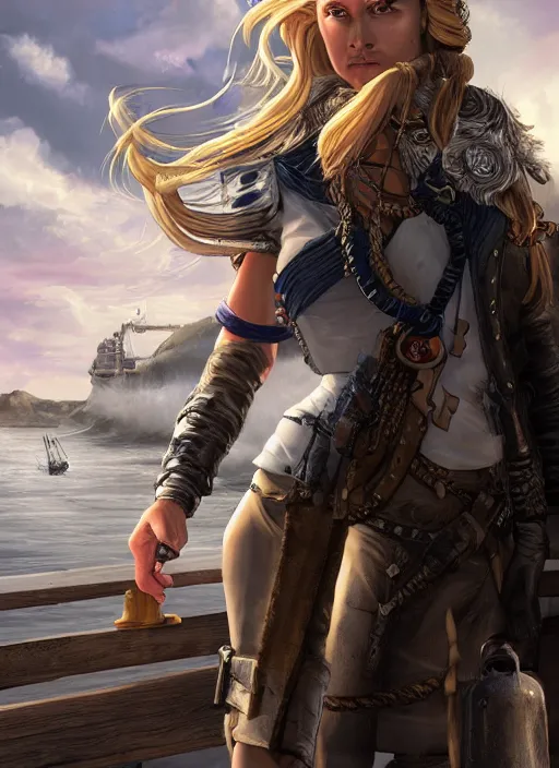 Image similar to An epic fantasy comic book style portrait painting of tall blonde haired female sky-pirate with a serious face and a pony tail in front of a metal gangplank in the style of the wheel of time, unreal 5, DAZ, hyperrealistic, octane render, cosplay, RPG portrait, dynamic lighting