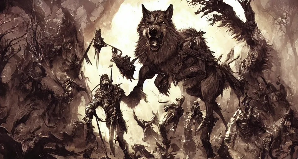 Image similar to king of the wolves in action, magic dungeon. treasure of the holy grail. By Travis Charest, James Gurney, and Ashley Wood. Artstation Trending. Magic the gathering. digital painting.