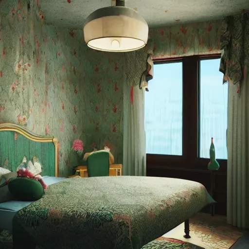 Prompt: 7 0 s motel room, whimsical, lace curtains, cinematic scene, backlit, ornate accents, retro light sconces next to windows, hyperrealistic, hypermaximalist, light pouring in through windows, detailed, atmospheric, 8 k, octane render, unreal engine 5, designed by gucci, inspired by hayao miyazaki, photographed by arivetere