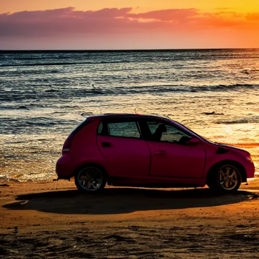 Image similar to a car chilling on the beach, sunset