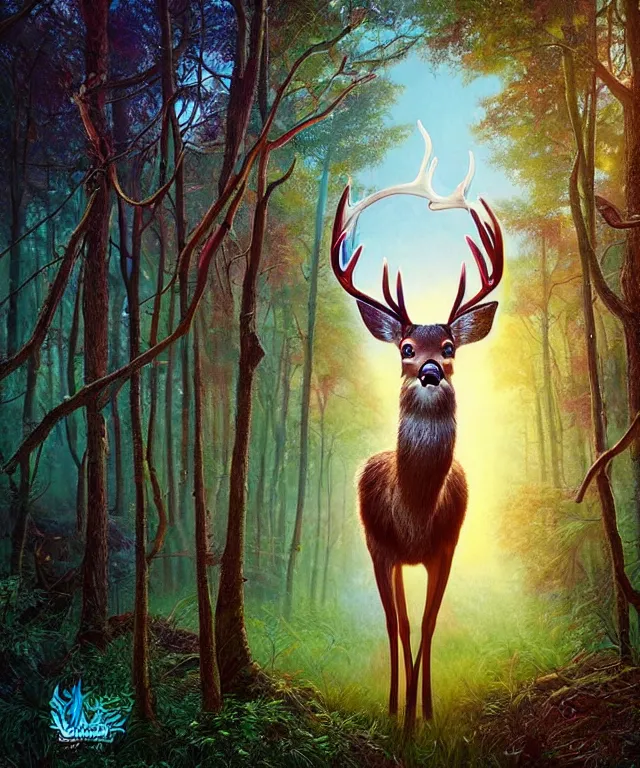 Image similar to a single realistic deer, walking through a psychedelic forest, wide angle landscape shot, pixar style by tristan eaton, artgerm and tom bagshaw