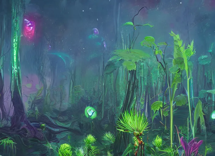 Prompt: a forest of alien plants, award winning concept art, colorful, vibrant, trending on artstation
