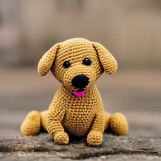 Image similar to a crochet golder retriever, very cute, kawaii, extremely detailed, complex, intricate, Sigma 50mm f/1.4