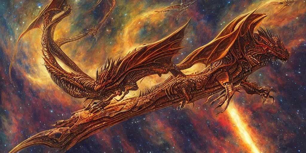 Image similar to an alien dragon flying in outer space, epic nebula, Dan Seagrave art