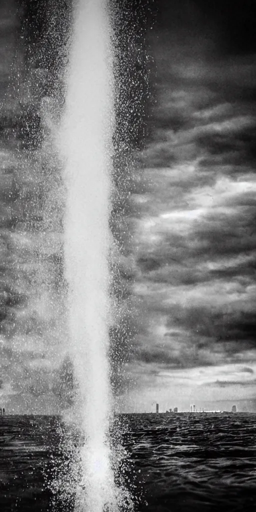 Image similar to water tornado in the city, ultra realistic, photorealistic, highly detailed, sharp focus