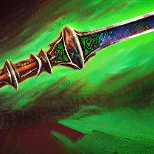 Image similar to Oil painting concept art of a magical acid sword glowing bright green, very intricate hilt, green color scheme, highly detailed concept art.