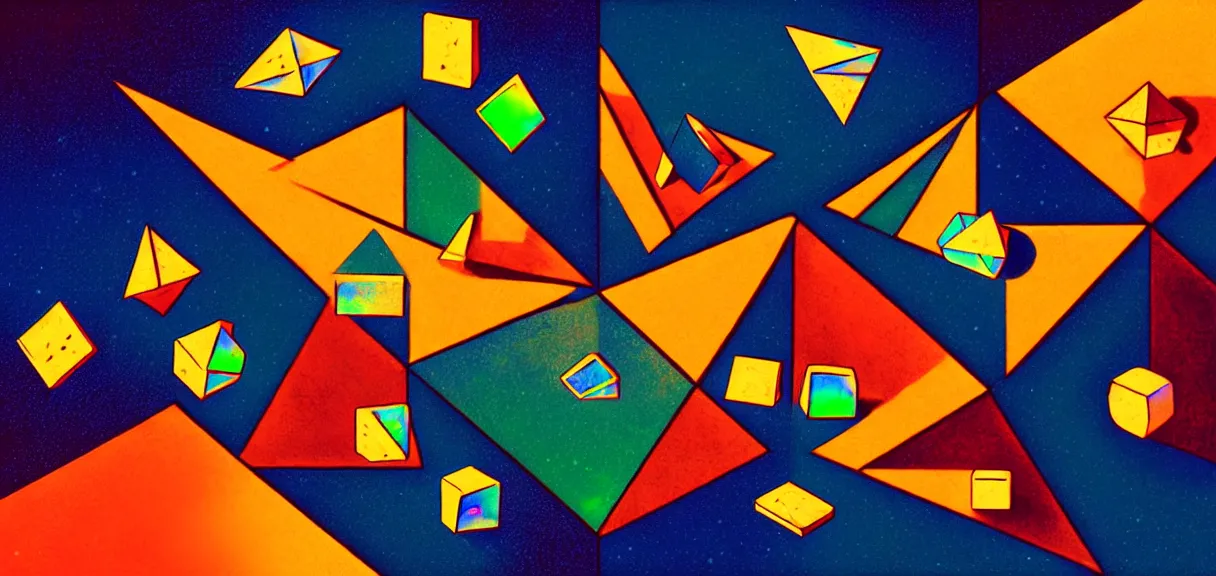 Prompt: post - minimalism comic abstract cubism portrait of triangle devils playing square dice, top down view, the moon orbiting other moons, iridescent clouds, vibrant color scheme, highly detailed, in the style of romanticism, cinematic, artstation, moebius, greg rutkowski