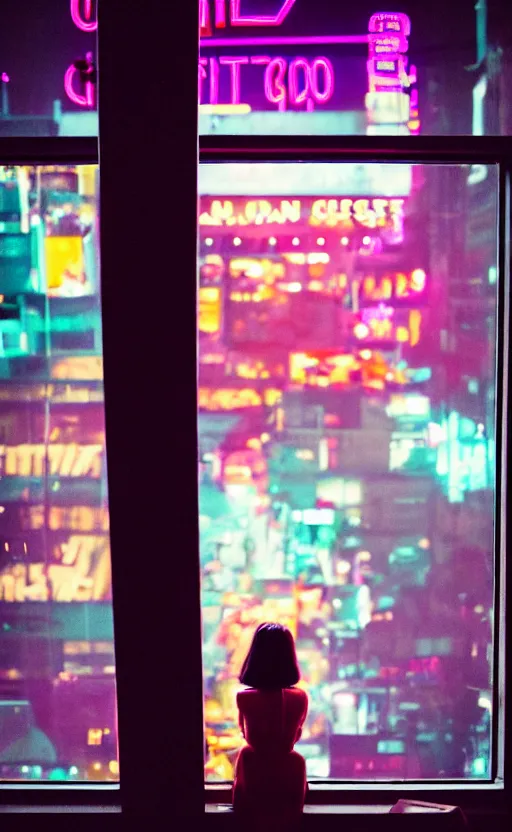 Image similar to vertical movie frame, girl in 7 0's retro restaurant, editorial, fashion, neon - decorated urban on night in the city seen through the window, modern architecture design, vintage, night, blade runner, dark, clean lines, asian futuristic city at distance, big windows, octane, wide angle