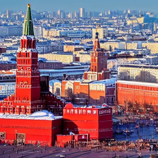 Image similar to high quality photo of Red Square in Moscow and nuclear explosion on background, highly detailed, 8k, professional