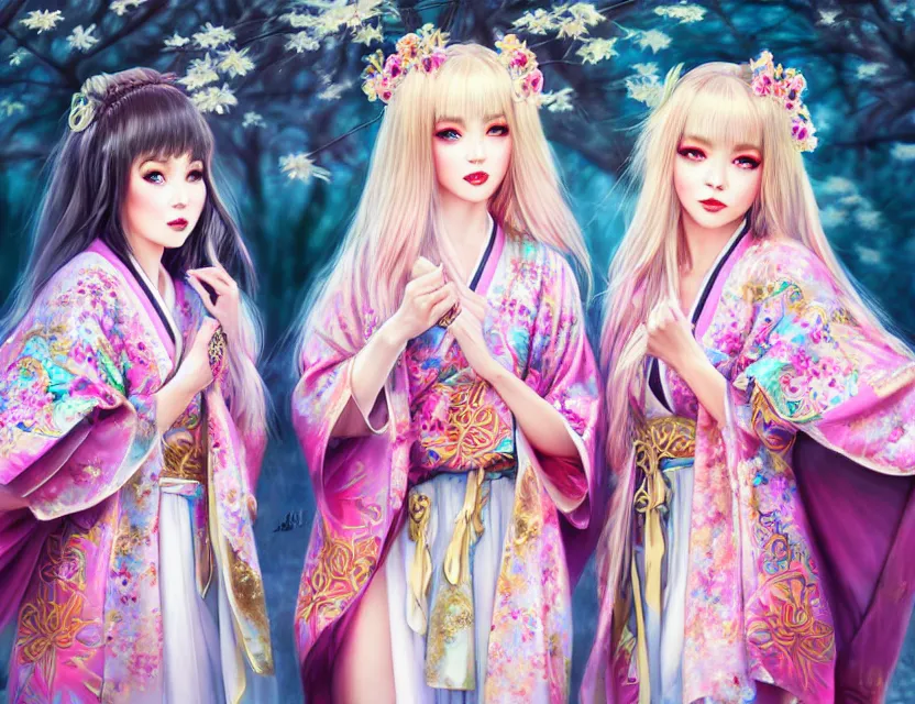 Image similar to two beautiful fashion siberian girls wear fantasy kimono in festival | | big eyes, sunny, dreamlike art, realistic shaded, smile, good looking, hyper details, 4 k realistic, cryengine, realistic shaded lighting poster by artgerm, ross tran, fuji choko, loish, 8 k resolution, trending on artstation, luxury