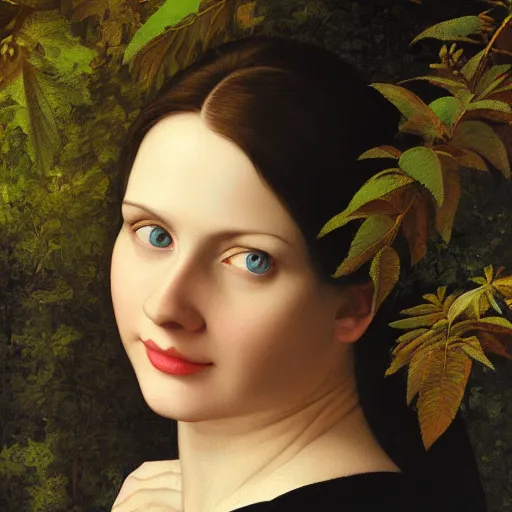 Prompt: full body portrait of a woman with blue eyes, gentle round face, with a bright smile, long dark hair, in a forest at night, highly detailed, deep focus, elegant, digital painting, smooth, sharp focus, golden ratio, illustration, ultra realistic, 8 k, art by artemisia lomi gentileschi and caravaggio