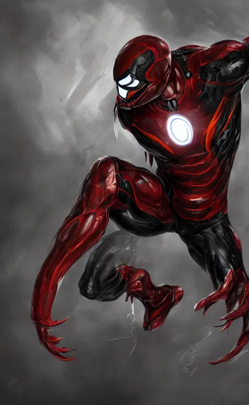 Image similar to venom as ironman, dynamic lighting, photorealistic fantasy concept art, trending on art station, stunning visuals, terrifying, creative, cinematic