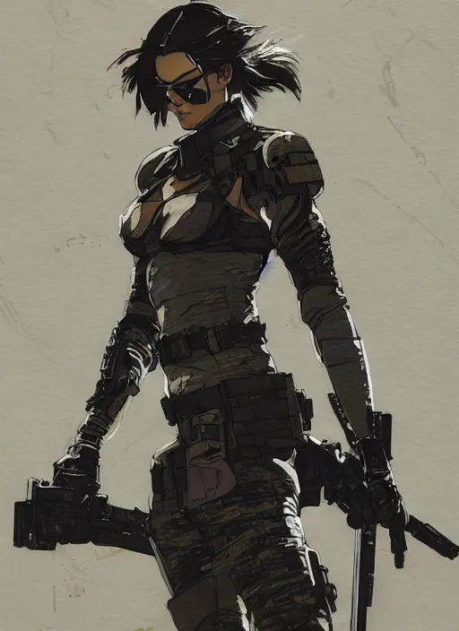 Image similar to kendall Jenner wearing metal gear armor holding gun dramatic lighting art by Richard Schmid by Hokusai by Yoji Shinkawa by greg rutkowski by Sandra Chevrier cinematic dramatic