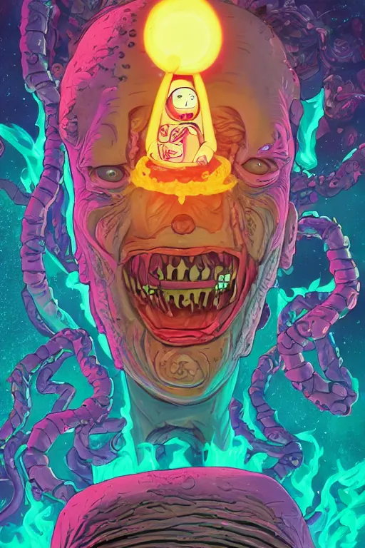 Prompt: rick and morty exploding head parts with smoke,eyes flying out of the head fused with a lovecraft fat bald space zombie and a pirate patch, laser eye, photo, portrait, 3d, high details, intricate details, by vincent di fate, artgerm julie bell beeple, 90s, Smooth gradients, octane render, 8k, volumetric lightning, High contrast, duo tone, depth of field, very coherent symmetrical artwork