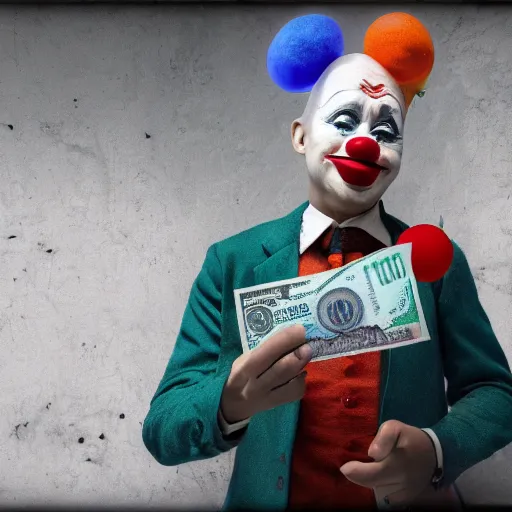 Image similar to A clown holding a dollar banknote, background is a slum, artstation, cgsociety, masterpiece, highly-detailed, inspiring, cinematic, epic