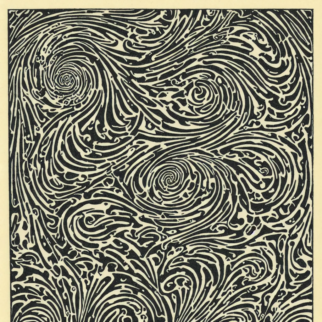 Prompt: optical illusion woodblock print, swirling filigree stamp pattern