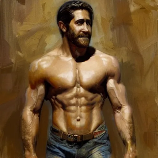 Prompt: Jake Gyllenhaal with a shredded body type, painting by Gaston Bussiere, Craig Mullins