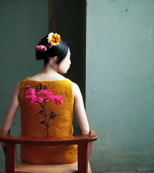 Image similar to a woman with a flower in her head sits on a chair in the corner of an empty room, view from behind, xue jiye