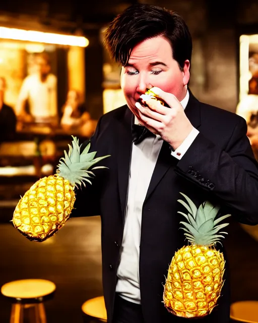 Image similar to A drunk Michael Mcintyre eating a pineapple in a nightclub in Porto,real life skin, intricate, elegant, highly detailed, artstation, concept art, smooth, sharp focus, photo