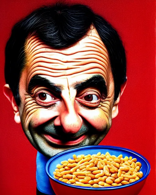 Prompt: portrait of mr bean smiling in a bowl full of baked beans, face fully covered in beans and tomato sauce, soft red skin, baked beans for eyes, rowan atkinson, mr bean face, oil painting, highly detailed