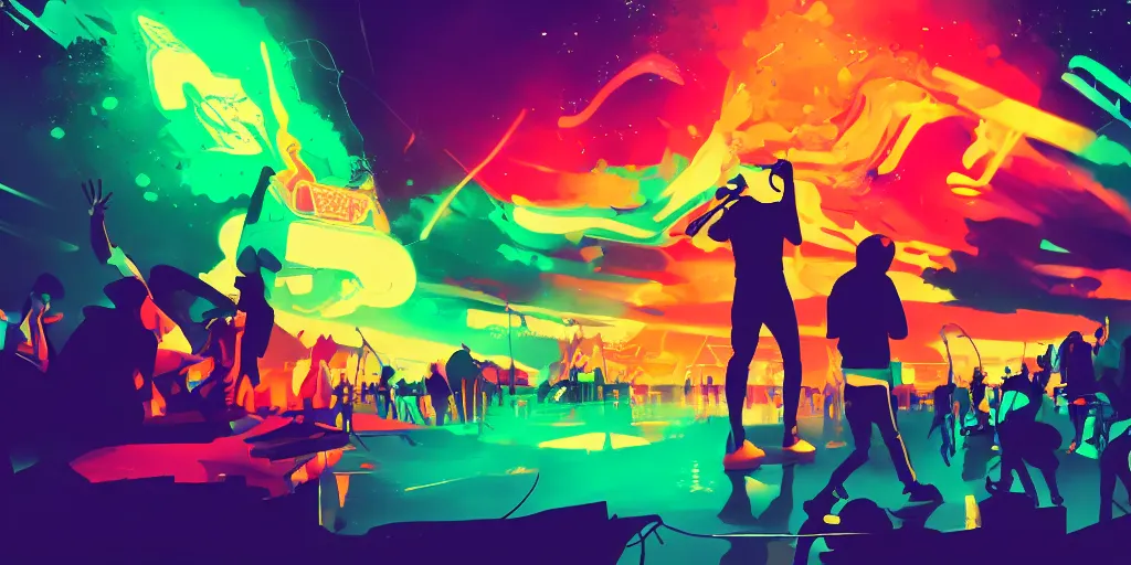 Image similar to rapping into microphone, silhouette, huge crowd, outrun, hip hop, digital art, Aurora borealis, trending on Artstation, professional artist, detailed, 4k