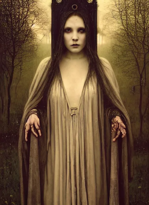 Image similar to masterpiece portrait enchanting gothic witch girl, by h. r. giger, edmund leighton, rural decay background by zdizslaw beksinski, james jean, 8 k, elegant ceremonial robe details by gustave klimt, occult, volumetric lighting, porcelain skin, cinematic, high detail, hyper photorealism, low angle, trending on pixiv