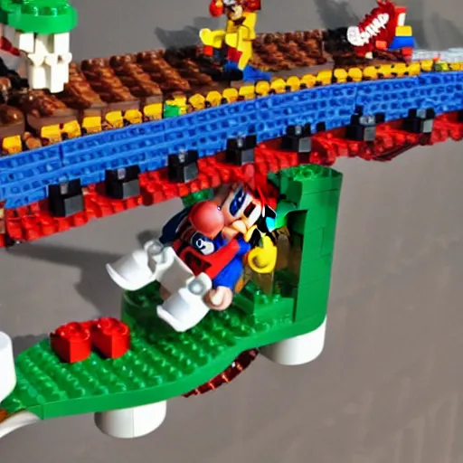 Prompt: a photo of realistic plumber mario in a roller coaster, lego mini figures