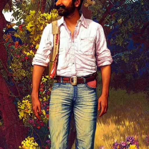 Image similar to close up a beautiful Indian doctor wearing jeans and a shirt in Texas in 2022, sun shining, photo realistic illustration by greg rutkowski, thomas kindkade, alphonse mucha, loish, norman rockwell.