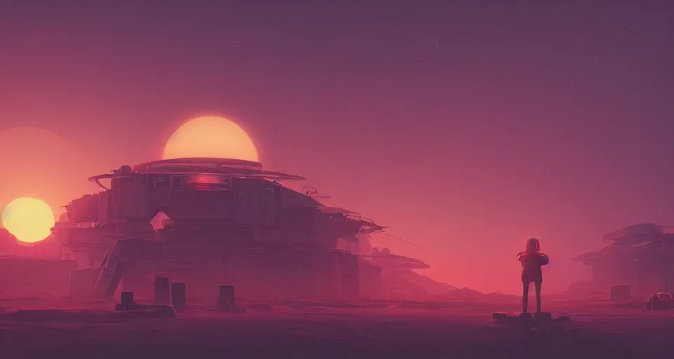 Image similar to A very very very dim Outpost with a sunset, red atmosphere, very hazy, rendered by simon stålenhag, rendered by Beeple, Makoto Shinkai, syd meade, synthwave style, environment concept, digital art, starwars, unreal engine, 3 point perspective, WLOP, trending on artstation, low level, 4K UHD image, octane render,