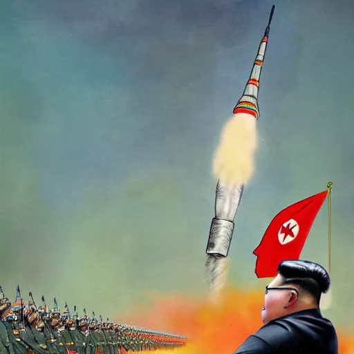 Prompt: Kim Jong-Un riding a nuclear rocket, detailed face, high resolution, illustration, art