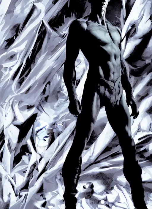 Prompt: aesthetic digital illustration of a solitary handsome young psycho standing in an empty white room by brian bolland, rachel birkett, alex ross, and neal adams | sinister, dangerous, character concept, concept art, unreal engine, finalrender, centered, deviantart, artgerm