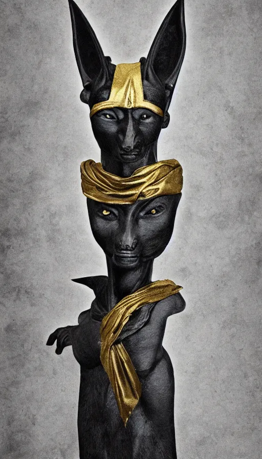 Image similar to obsidian Anubis wearing a gold-rimmed toga, in the style of Lee Jeffries