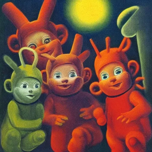 Prompt: Teletubbies by Remedios Varo