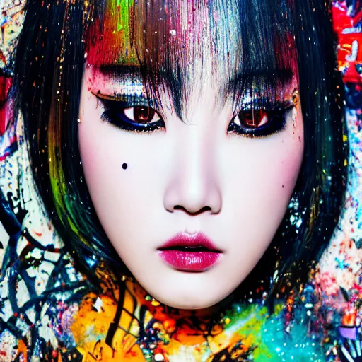Prompt: photo realistic, high level of detail, high resolution, 3 5 mm lens : ( subject = korean top model + ( object = ( high definition highly detailed baroque cyberpunk shamaness, varnished oil paint in bright colors on black background with small background color splatters, by katsuhiro otomo ) as graffiti on the wall ) )