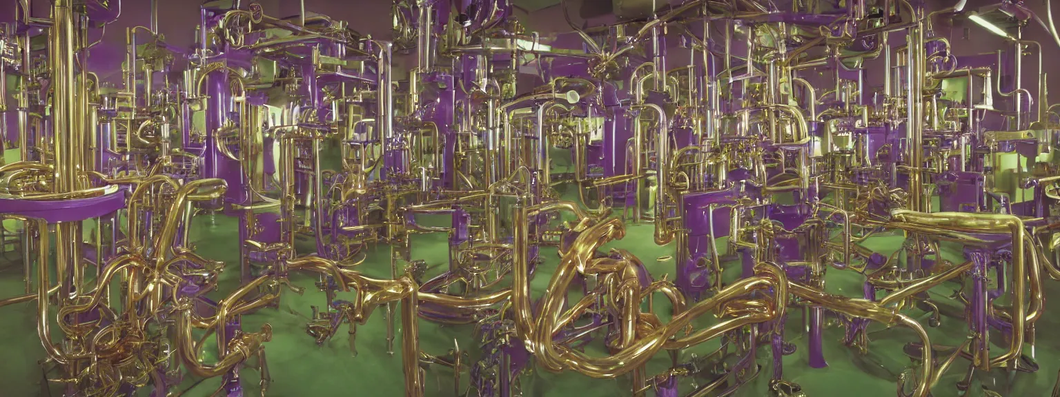 Prompt: machine apparatus for making snake oil, huge copper machine fed by a hopper of snakes, purple and green pipework, art by ed roth and kenny scharf, barrels of snake oil in a hermetically sealed production line, golden hour lighting, film still from the uncle aloysius family medicine depot movie 3 d, 8 k