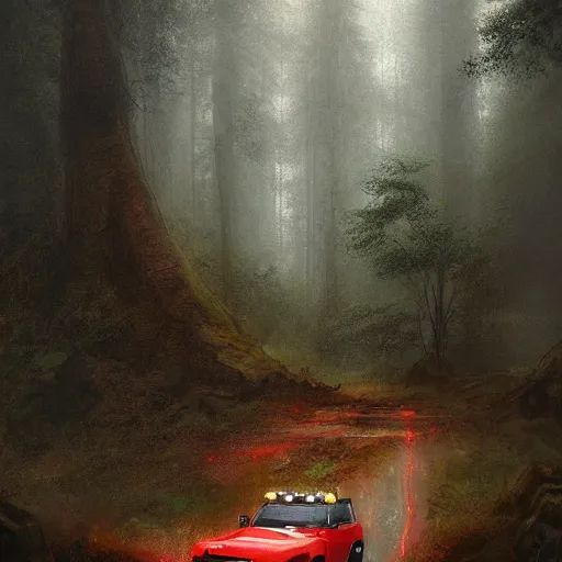 Image similar to a landrover crossing the a forest path while its raining, digital art, artstation, photgraphy, highly detailed, digital painting, artstation, concept art, sharp focus, illustration, art by greg rutkowski and artgerm