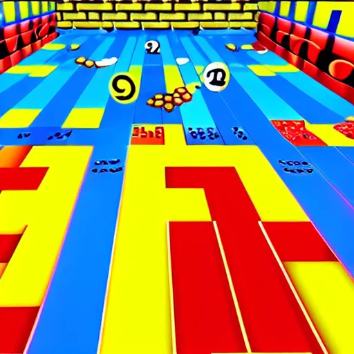 Prompt: a screenshot from the game Pac-Man, first-person view