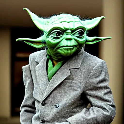 Prompt: Formal Tall Yoda in a Suit