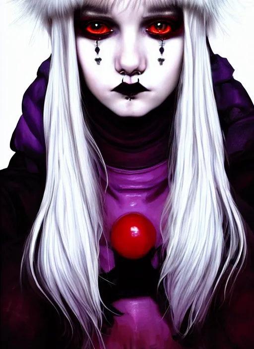 Image similar to portrait of white teenage girl, normal face, white bangs, mall goth, cyberlox, black and white hair, bangs, fluffy bangs, red contact lenses, purple lipstick, intricate, elegant, highly detailed, digital painting, artstation, concept art, sharp focus, smooth, illustration, art by wlop, mars ravelo and greg rutkowski