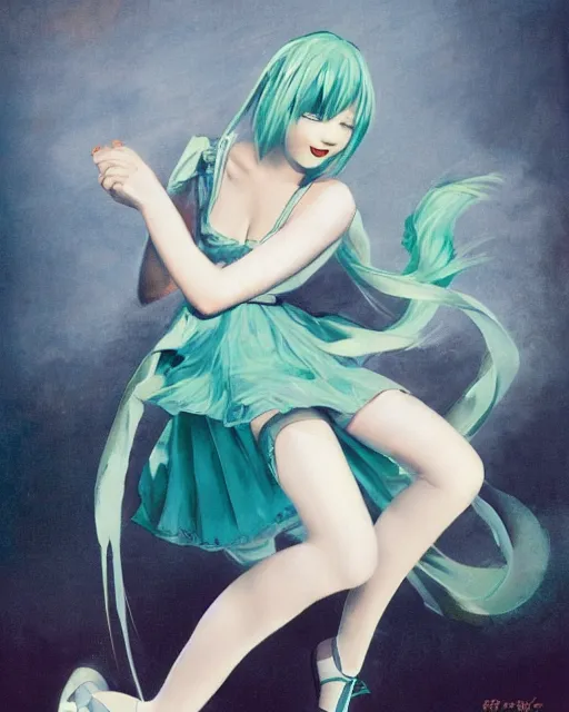 Image similar to hatsune Miku dancing by Gil Elvgren and Enoch Bolle