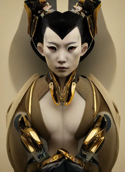 Image similar to portrait of a futuristic geisha cyborg, kintsugi, modern fine art, fractal, intricate, elegant, highly detailed, digital photography, subsurface scattering, by jheronimus bosch and we andersom and greg rutkowski,