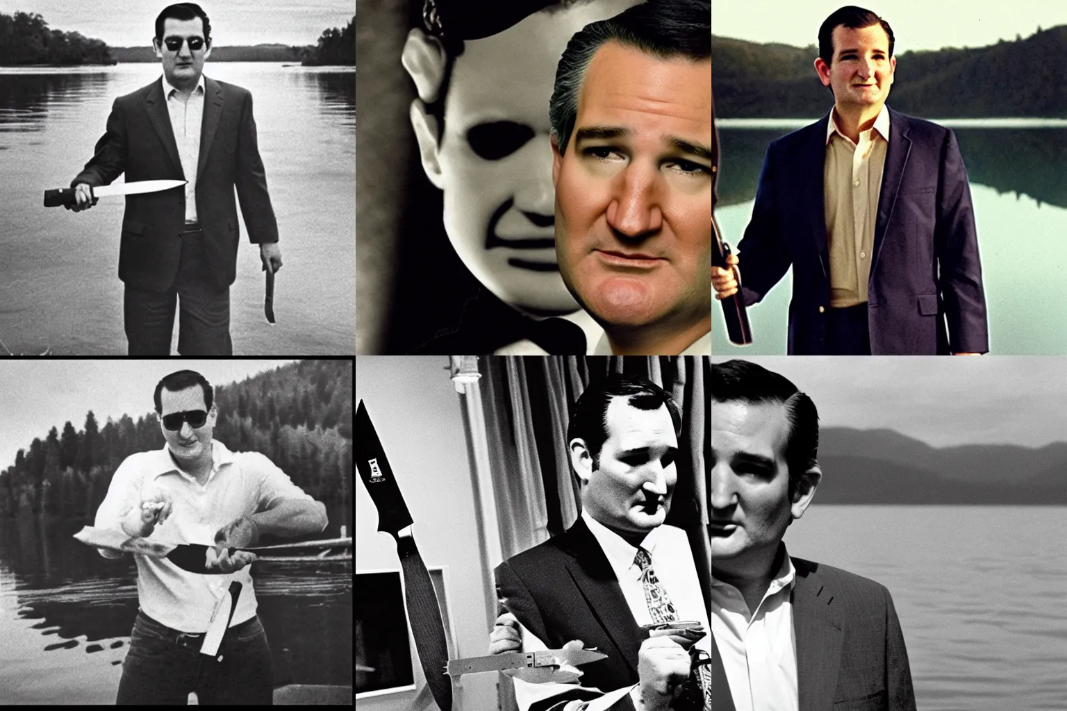 Prompt: Film still depicting Ted Cruz as the Zodiac Killer by a lake, holding a knife with intent to stab (1969)