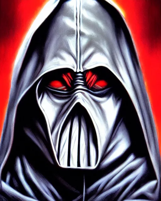 Image similar to hooded evil sith lord, airbrush, drew struzan illustration art, key art, movie poster