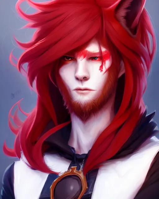 Prompt: character concept art of a black anthropomorphic male wolf long red hair | | cute - fine - face, pretty face, key visual, realistic shaded perfect face, fine details by stanley artgerm lau, wlop, rossdraws, james jean, andrei riabovitchev, marc simonetti, and sakimichan, trending on artstation